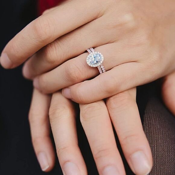 18K Rose Gold .925 Sterling Silver and Diamond Cubic Zirconia Wedding Band Set - Picture 6 of 7